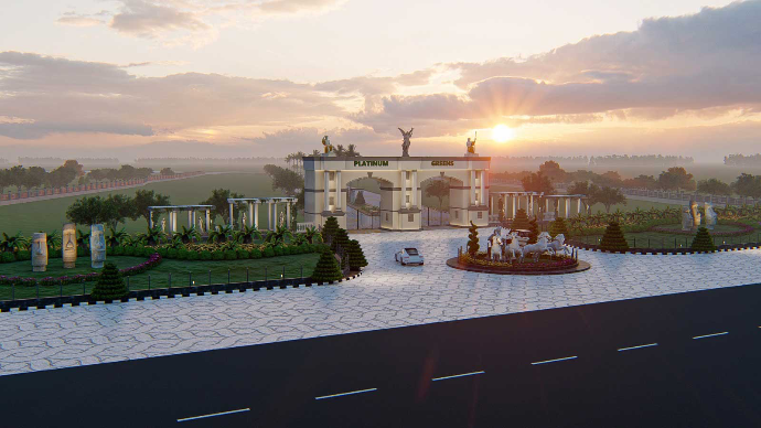 Platinum Greens 120 Bigha European-inspired township spanning 302,293.93 Sq. Mtr., offering residential plots & retail shops with best-in-class infrastructure. The development features wide roads (9M, 12M, 18M) and iconic landmarks like the Eiffel Tower, Buckingham Palace-inspired Banquet Hall, Statue of Liberty, and Watch Tower.  Enjoy premium amenities such as a temple, community hall, parks, sculptures, and a Platinum Photo Booth, designed for an elegant and vibrant lifestyle.  Step into a world where luxury meets grandeur!