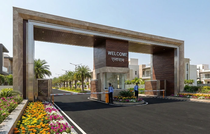 Grand entrance gate of a secure gated community township with 24x7 security guards and boom barriers.