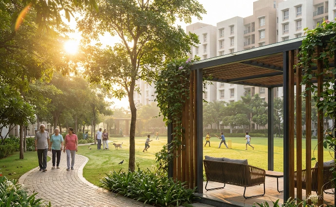 Landscaped garden and jogging track amenities for families within the gated township.