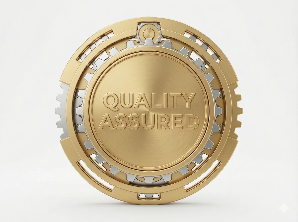 Abstract golden 3D seal with gears symbolizing the Zameeninvesting Quality Assured standard process.